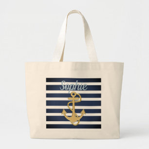 Grand Tote Bag Bleu et Ancre or Nautique