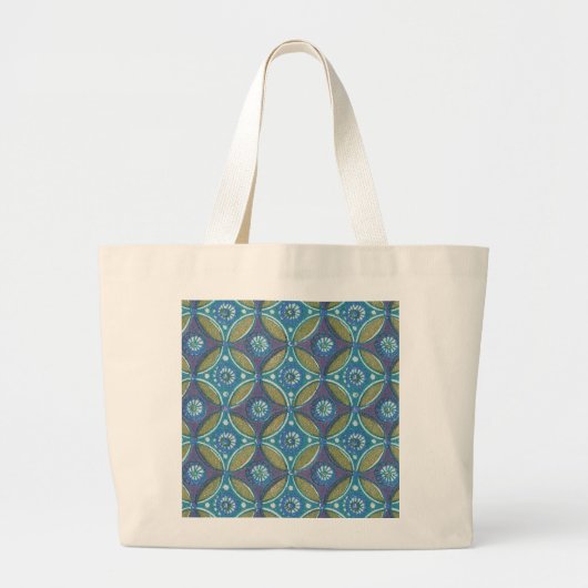 Grand Tote Bag Bleu vert Rustique Boho Motif circulaire géométriq (Devant)