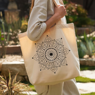 Grand Tote Bag Boho Mandala Black Line Art