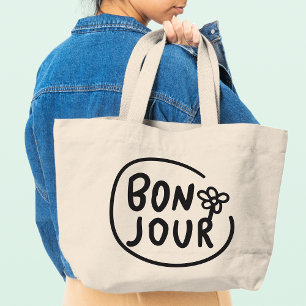 Grand Tote Bag Bonjour Simple Moderne Floral Français Salutation