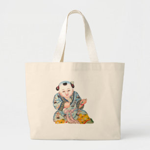 Grand Tote Bag Bouddha asiatique chanceux riant art bouddhiste