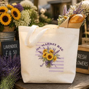 Grand Tote Bag Bouquet de tournesol et de lavande à l'aquarelle r