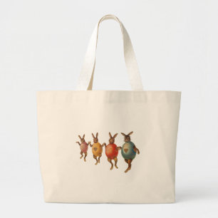 Grand Tote Bag Bunnies vintages de Pâques dansant dans la plaine