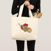 Grand Tote Bag Caricature de Chouette Peintre Cute (Devant (produit))