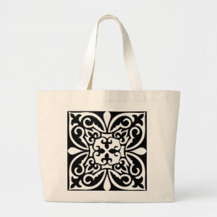 Grand Tote Bag Carrelage marocain - noir avec arrière - plan blan