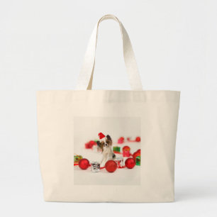 Grand Tote Bag Chapeau de Santa de Noël de chien Papillon mignon