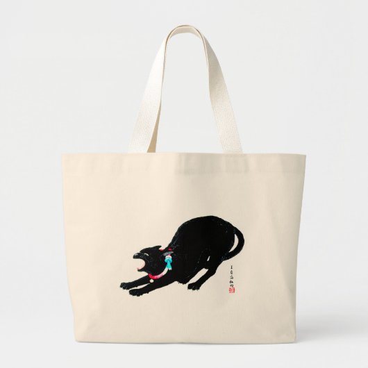 Grand Tote Bag Chat Japonais Noir à la baguette (Devant)