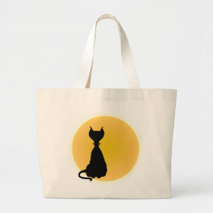 Grand Tote Bag Chat noir et lune jaune Halloween Art