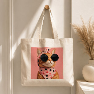 Grand Tote Bag Chat orange cool en bandana à pois rétro