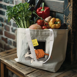 Grand Tote Bag Chat Orange Drôle Ordinateur Portable Vert Travail