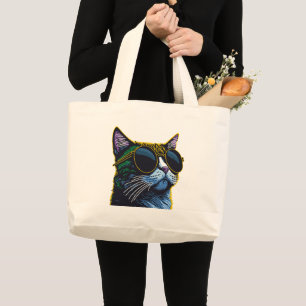 Grand Tote Bag Chat Rétro : Charme des Lunettes Jaunes