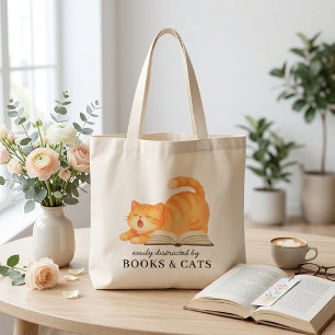 Grand Tote Bag Chat roux livresque aquarelle drôle de citation de