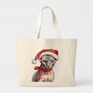 Grand Tote Bag Chat Sphynx de Noël aquarelle