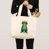 Grand Tote Bag Chat vert buvant de la glace (Devant (produit))