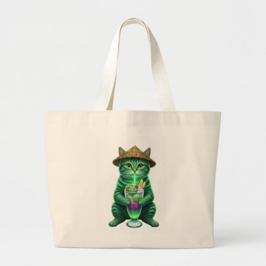 Grand Tote Bag Chat vert buvant de la glace (Devant)