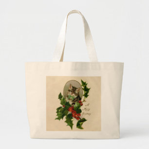 Grand Tote Bag Chaton de Noël victorien au houx antique tabby