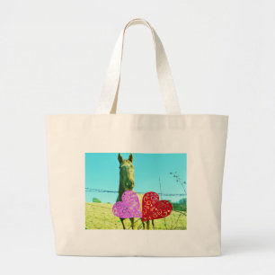 Grand Tote Bag Cheval blond et Coeurs rose et rouge
