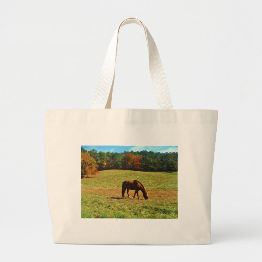 Grand Tote Bag Cheval Brown rouge dans les arbres d'automne (Devant)