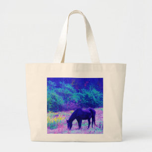 Grand Tote Bag Cheval noir violet dans le champ Arc-en-ciel