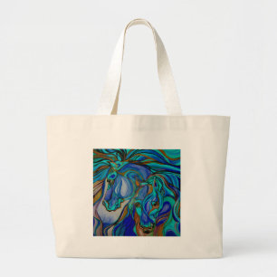 Grand Tote Bag Chevaux sauvages en Brown et Turquoise