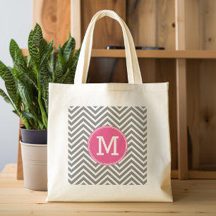 Grand Tote Bag Chevrons gris et rose avec trois monogrammes sur m