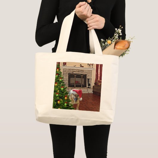 Grand Tote Bag Chien berger allemand de père Noël par sapin de No (Devant (produit))