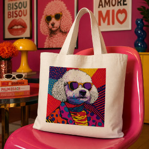 Grand Tote Bag Chien Caniche Blanc Pop Art en Tenue Rétro Colorée