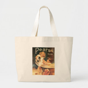 Grand Tote Bag Chien de manchon prenant un bain, vintage, antique