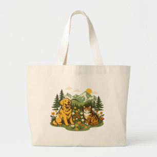 Grand Tote Bag Chien et chat Cottagecore Meilleurs amis Fleur sau