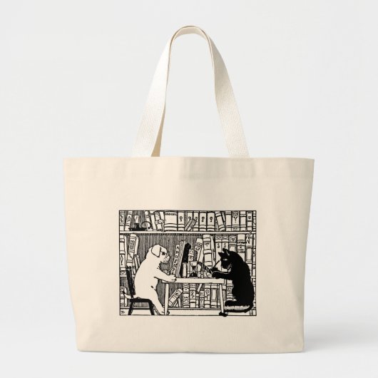 Grand Tote Bag Chien et chat dans la bibliothèque (Devant)