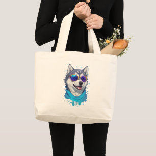 Grand Tote Bag Chien Husky Portant du verre soleil dans la lueur