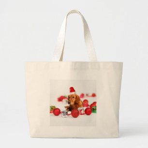 Grand Tote Bag Chien Retriever doré avec chapeau de Père Noël rou