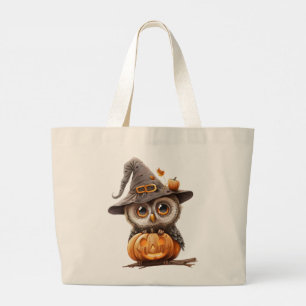 Grand Tote Bag Chouette d'Halloween sur Citrouille