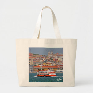 Grand Tote Bag Ciel de Lisbonne avec vieux ferry sur le fleuve Ta