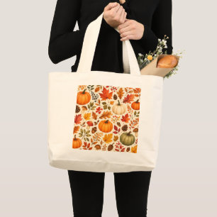 Grand Tote Bag Citrouilles aquarelles d'automne, feuilles d'autom