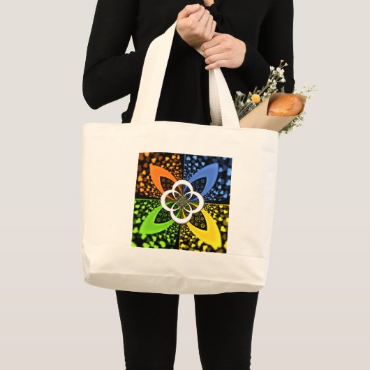 Grand Tote Bag Coeurs bleu vert jaune Iridescente (Devant (produit))