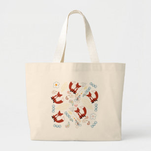 Grand Tote Bag Coeurs de Fox mignonne tirant à la main en bleu ja
