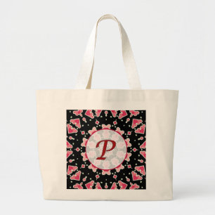 Grand Tote Bag Coeurs roses du monogramme P sur l'éléphant noir