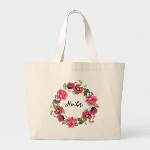 Grand Tote Bag Conception de couronne circulaire de fleurs roses