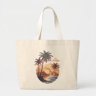 Grand Tote Bag Coucher de soleil hawaïen avec palmier.