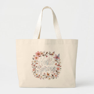 Grand Tote Bag Couronne papillon florale de printemps avec fleurs