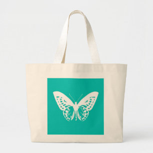 Grand Tote Bag Croquis de papillon, bleu turquoise et blanc