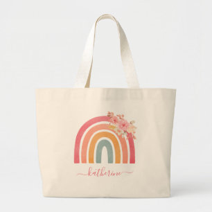 Grand Tote Bag Cute Boho arc-en-ciel avec aquarelles florales