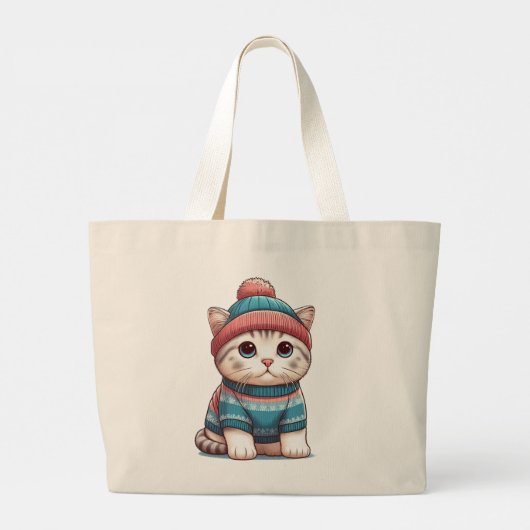 Grand Tote Bag Cute Chat en pull et beanie (Dos)