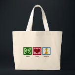 Grand Tote Bag Cute Giraffe<br><div class="desc">Peace Love Giraffes cadeau. Joli signe de paix vert, coeur rouge, et girafe de dessin animé.</div>