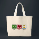 Grand Tote Bag Cute Giraffe<br><div class="desc">Peace Love Giraffes cadeau. Joli signe de paix vert, coeur rouge, et girafe de dessin animé.</div>