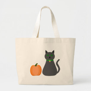 Grand Tote Bag Cute Halloween Chat et Citrouille