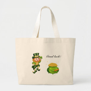 Grand Tote Bag Cute leprechaun, calligraphie & un pot d'or
