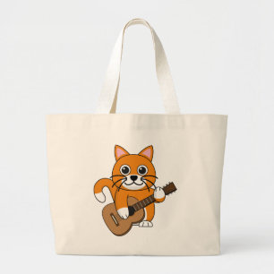 Grand Tote Bag Cute Orange Chat Blanc Jouer Caricature Guitare