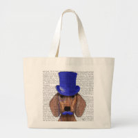 Dachshund avec chapeau bleu et moustache bleue